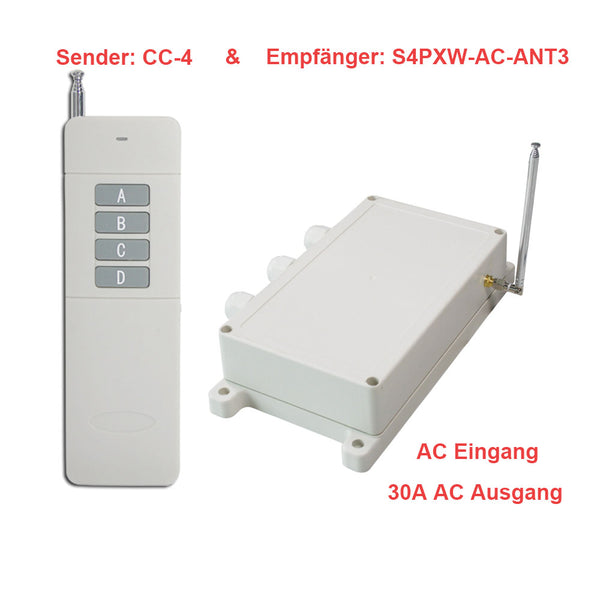 4-Kanal 230V Funkschalter Außenbereich Wasserdicht IP65 mit 30A AC Ausgang – 5000m Arbeitsbereich für Wasserpumpe & Bewässerungsventil