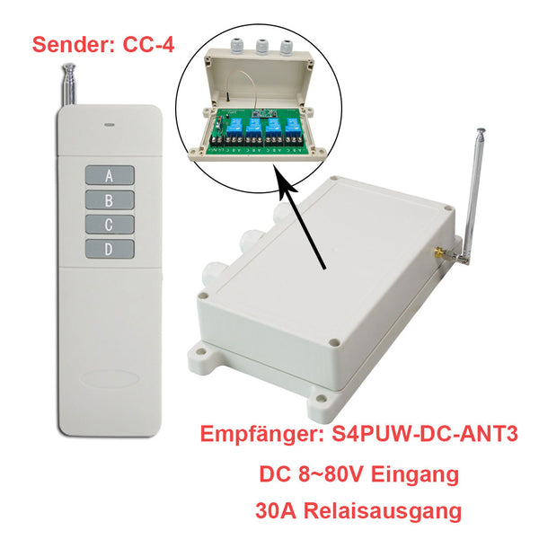 DC 12V 433 Mhz Funkschalter Reichweite 5000m mit 4-Kanal 30A Relaisausgang