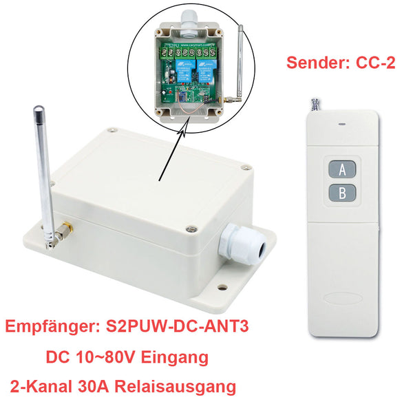 2-Kanal 30A DC 12V Funkschalter mit große Reichweite | Relais Potentialfreier Ausgang