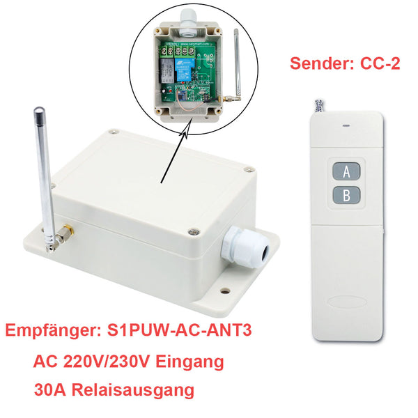 1-Kanal 30A potentialfreier Funkschalter 230V mit 5km Fernsteuerung für Außenbeleuchtung