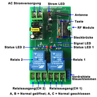 Drahtloses 30A AC Fernbedienungs-RF-Empfänger Sender System mit Großer Reichweitemit 2 Potentialfreie Kontakt Ausgang (Modell 0020358)